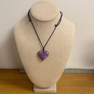 Stone heart purple pendant necklace on leather cord